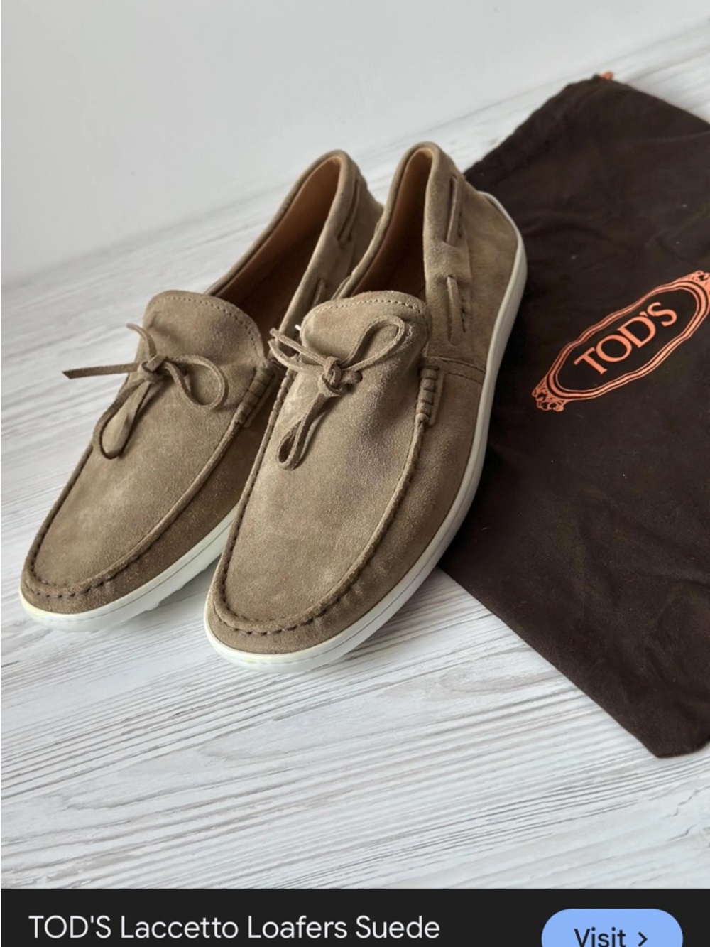 TOD'S Suede Loafers grey white 10.5 lacceto rare tie front $922 retails